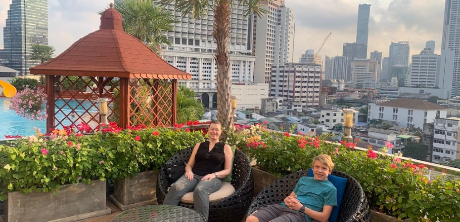 Enjoying the hotel rooftop in Bangkok, Thailand.